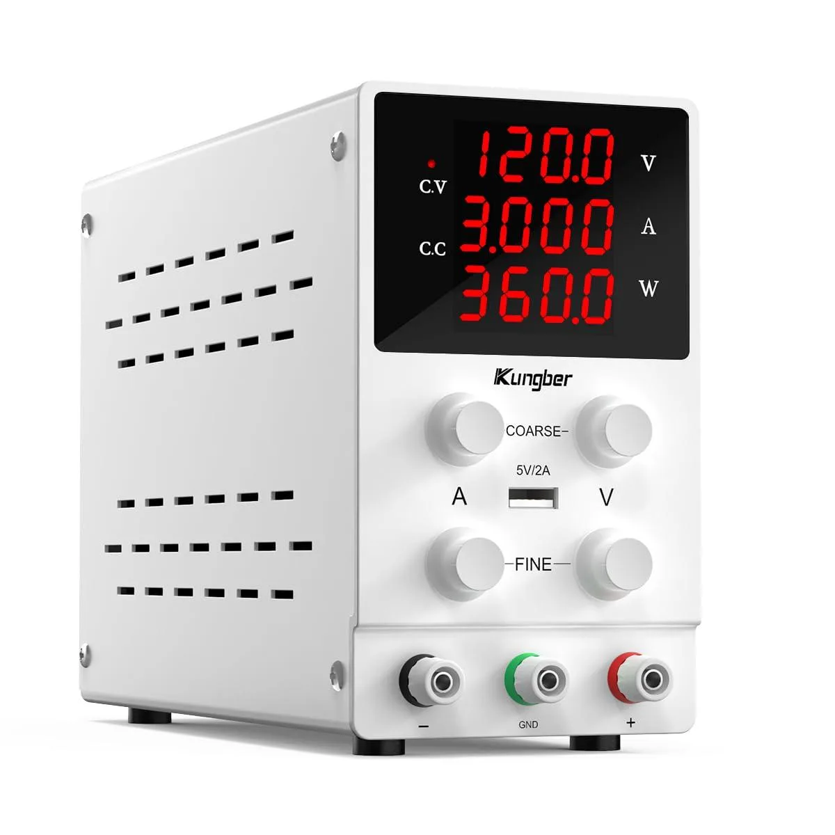 White benchtop DC power supply with 4-digit LED display and adjustment knobs