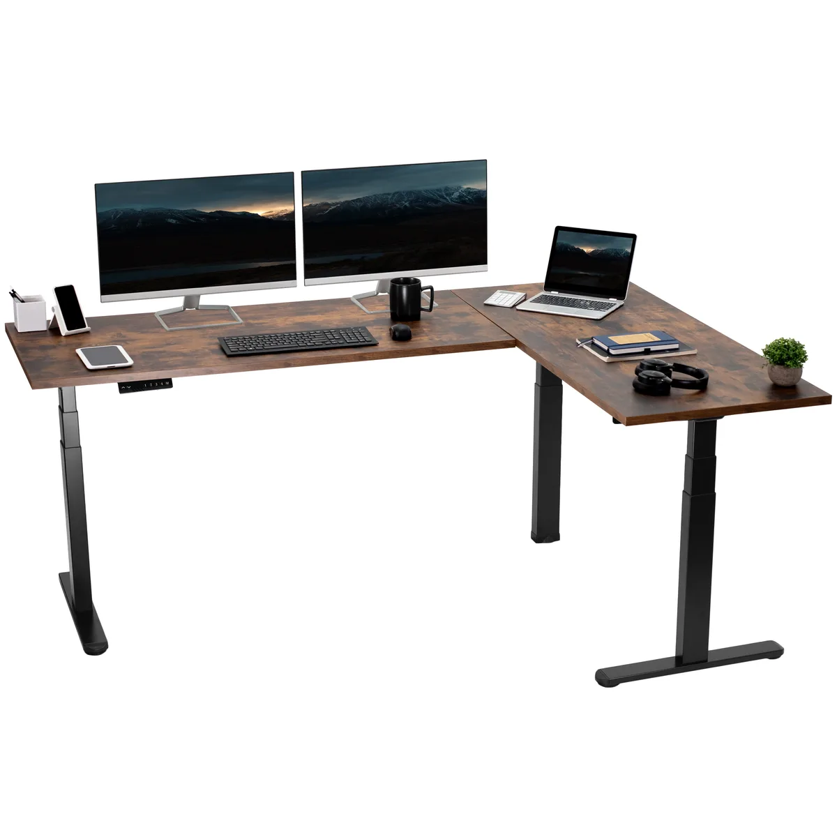 VIVO VIVO Electric L-Shaped Corner Desk 78" x 55" Vintage Brown/Black — product photo