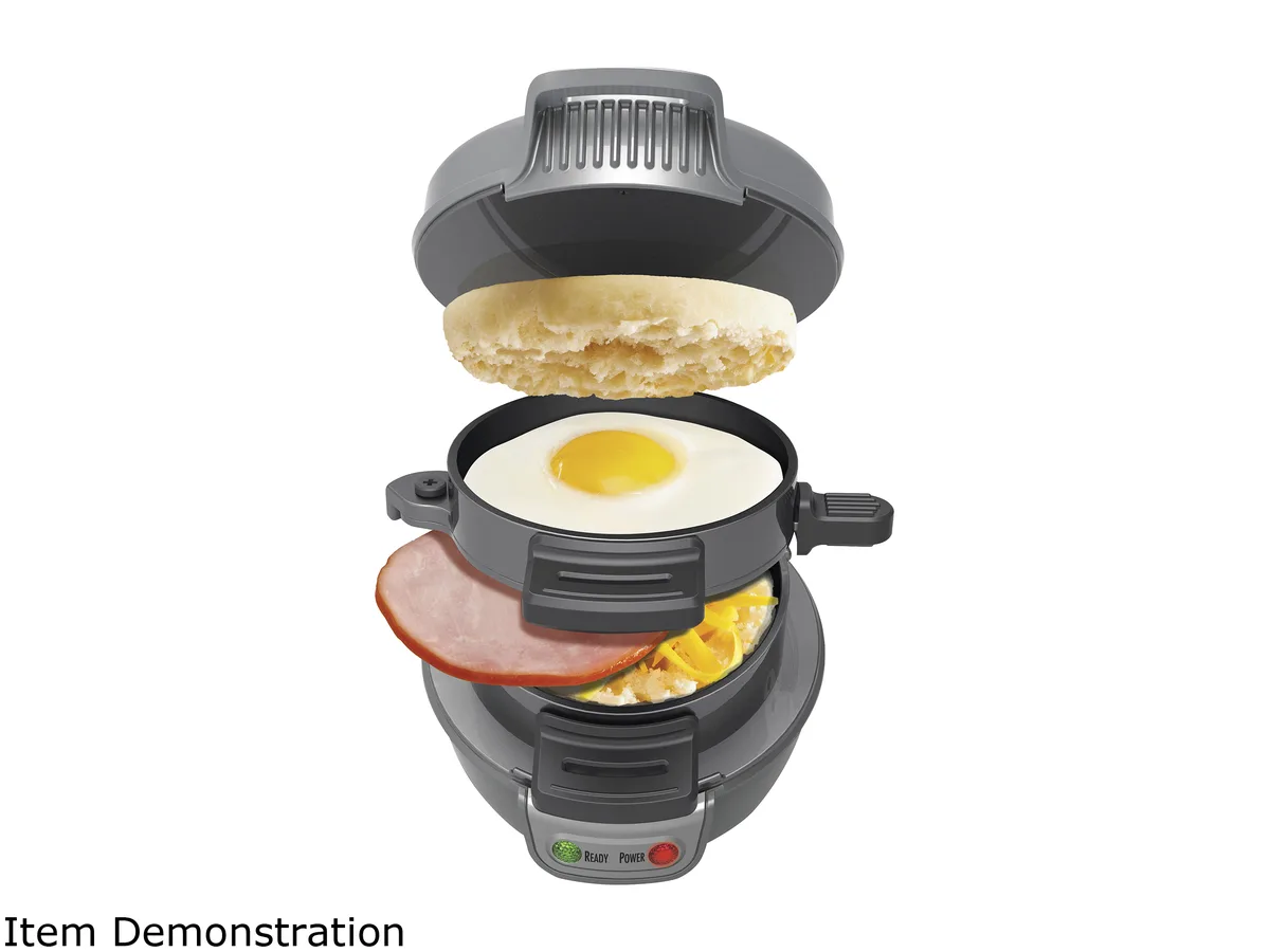 Compact gray breakfast sandwich maker with nonstick plates and rounded edges