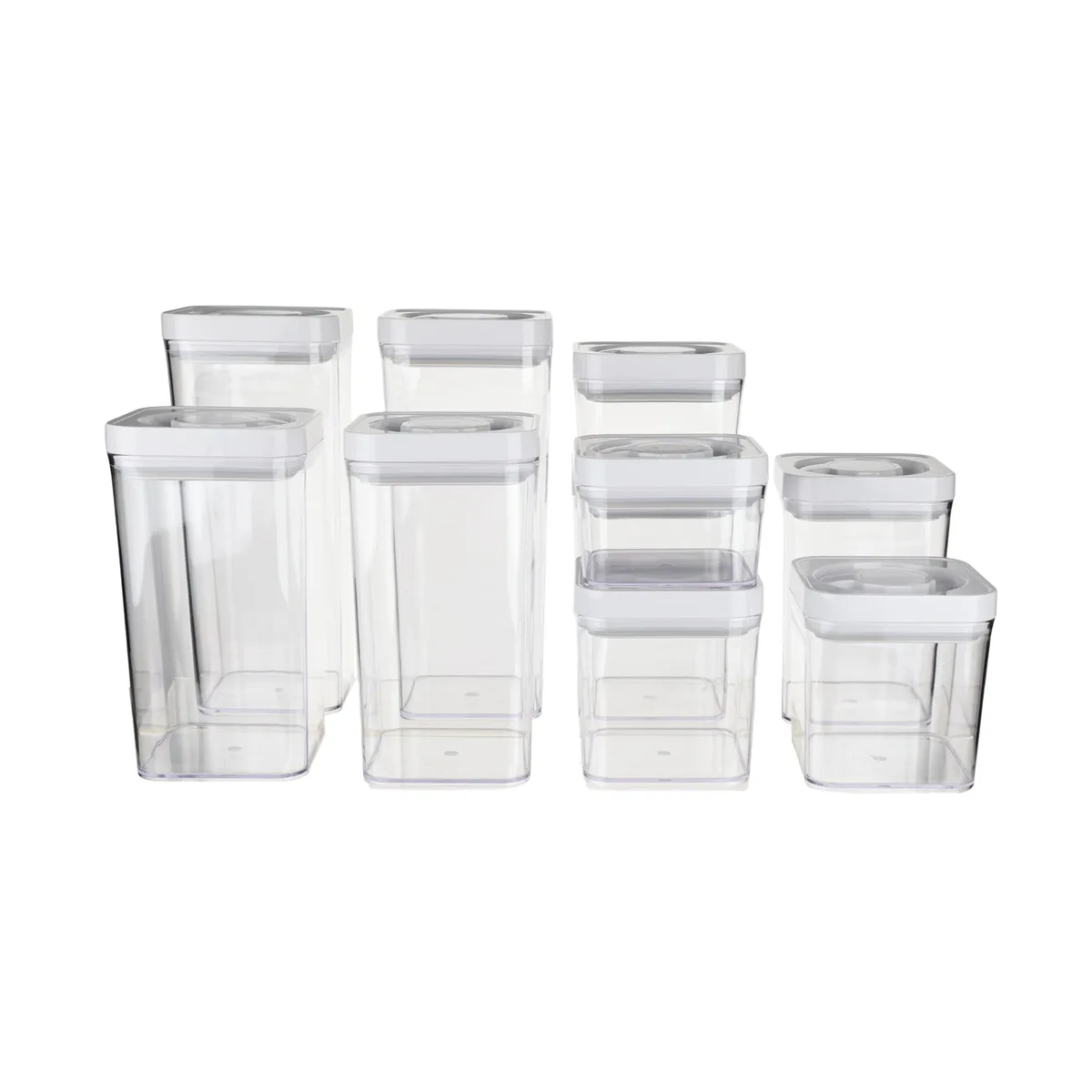 Ten clear square containers with red twist lids