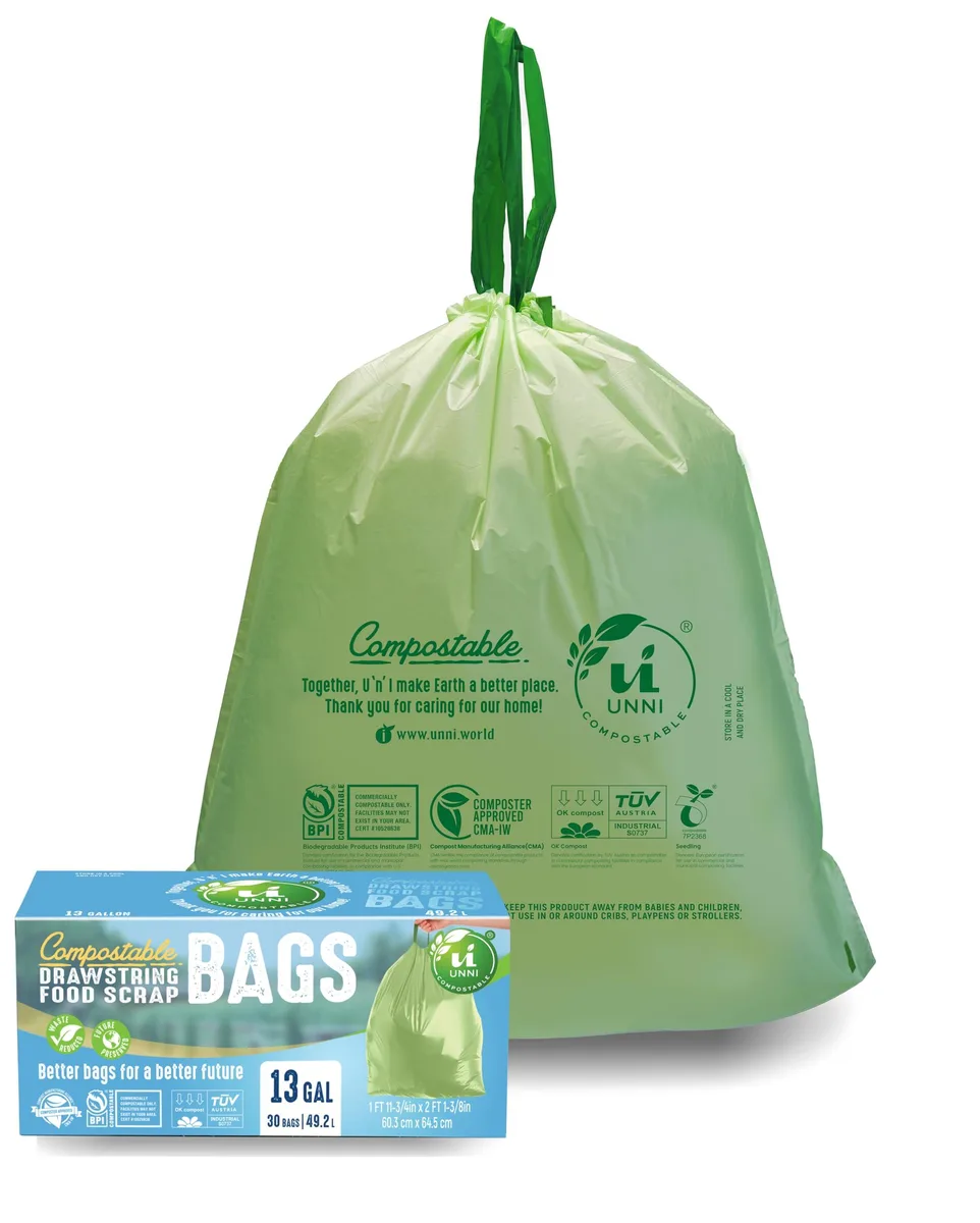 Green compostable drawstring bags, 13 gallon, 30 count roll