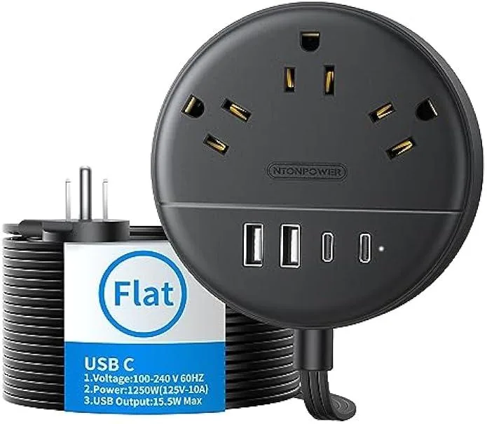 TAURKENAM TAURKENAM 15 ft flat extension cord power adapter with 3 AC 2 USB-C 2 USB-A 45° plug 0.11 in cord — product photo