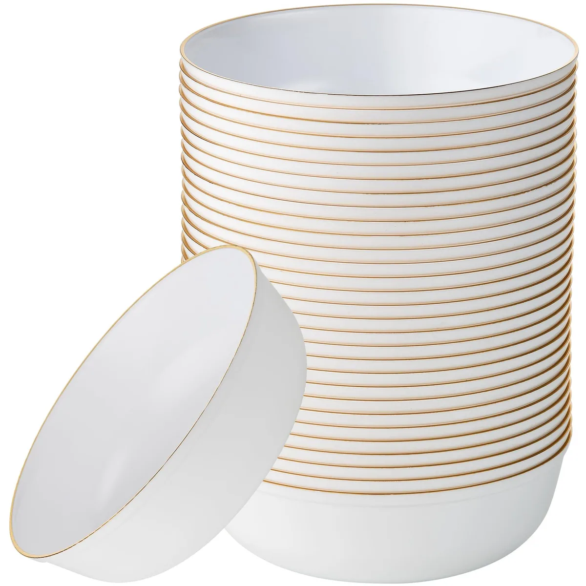 White plastic bowls with gold rims, round shape, 30 pack