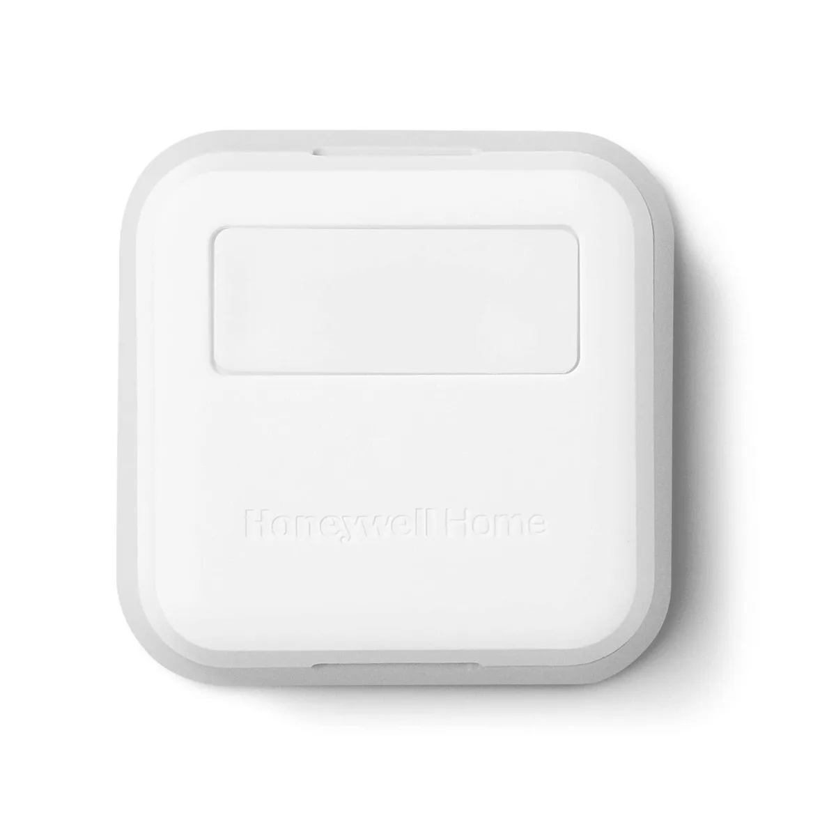 White square smart room sensor with rounded corners, 2.6 by 2.6 by .77 inches