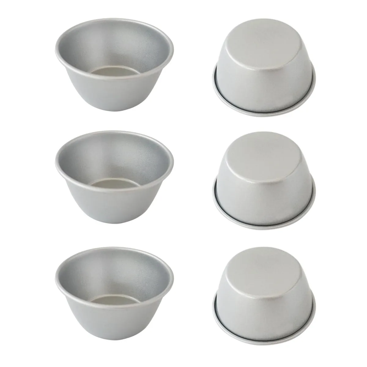 Six small silver carbon steel pudding cups with curled edges, 3.3 inches wide