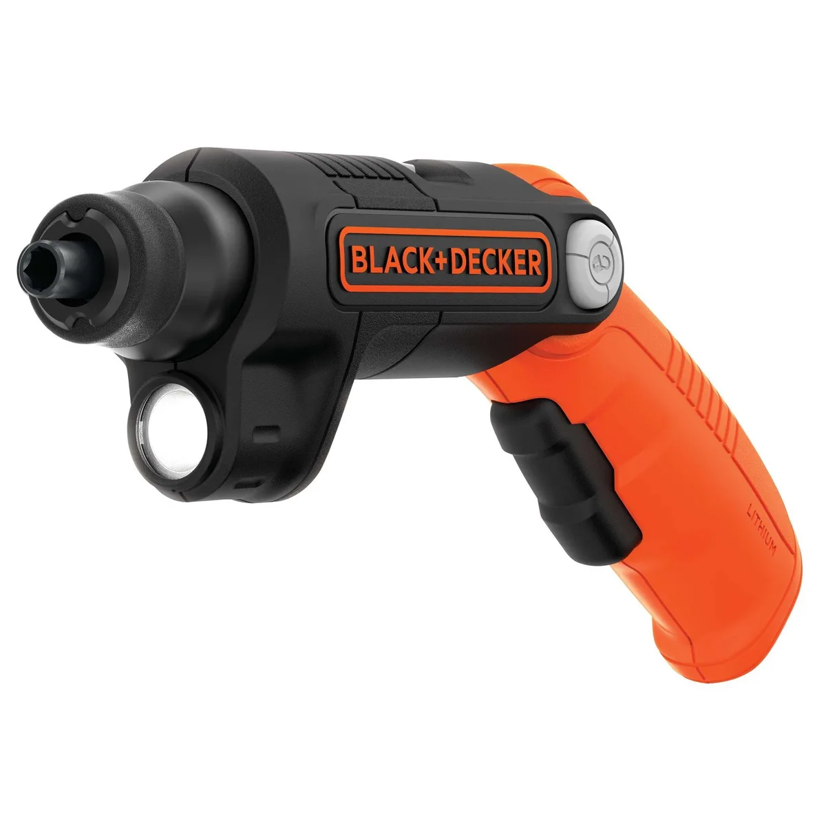 Compact orange and grey cordless screwdriver with pivoting handle and built-in LED light