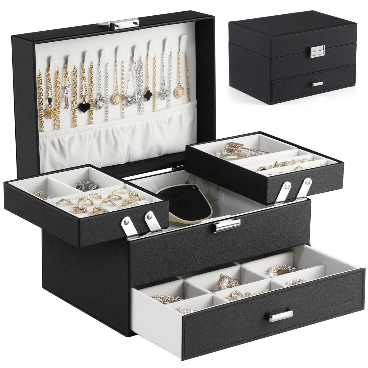 Three-tier silver jewelry box with drawer and metal stand, textured PU leather exterior, velvet-lined interior