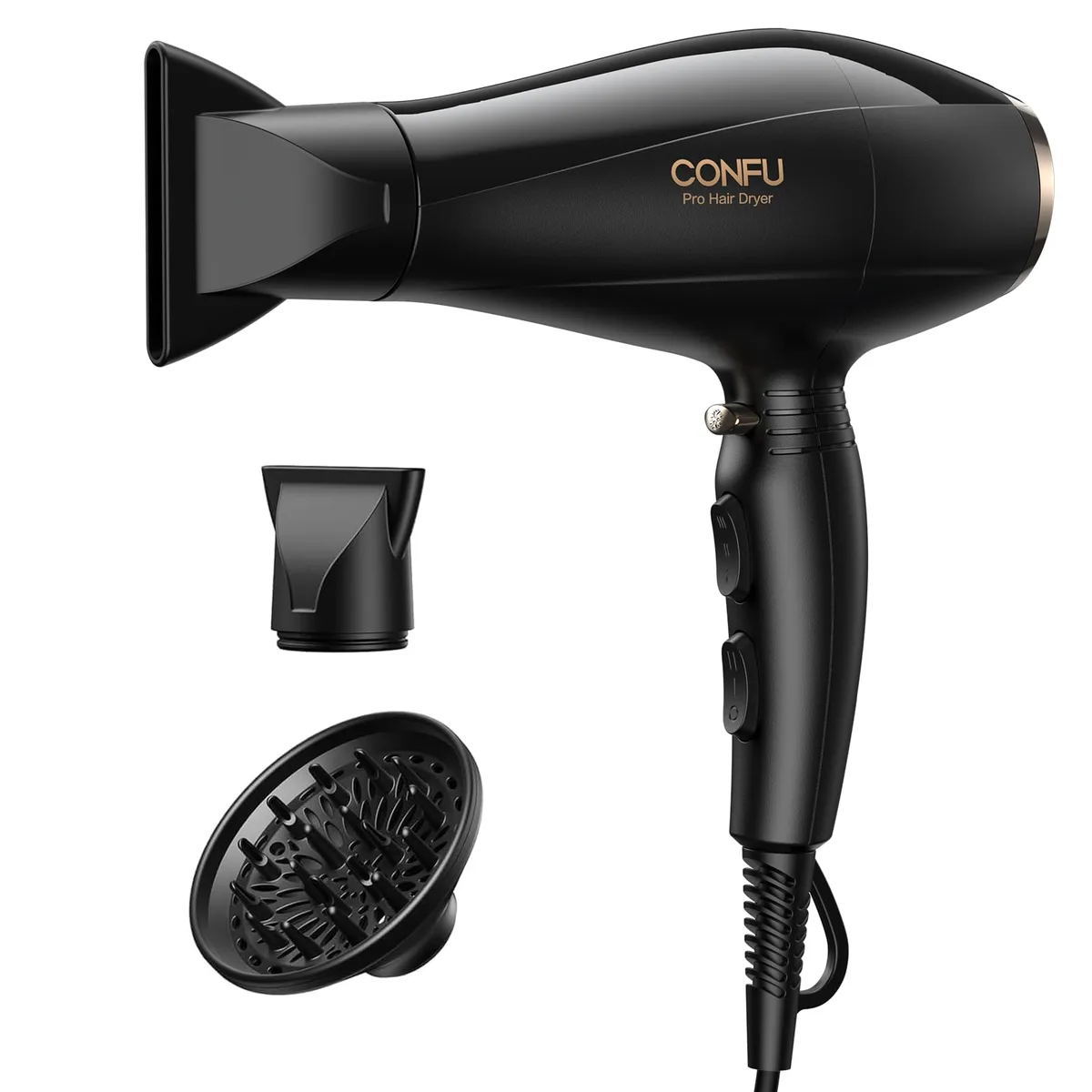 Black hair dryer with diffuser and two concentrator nozzles