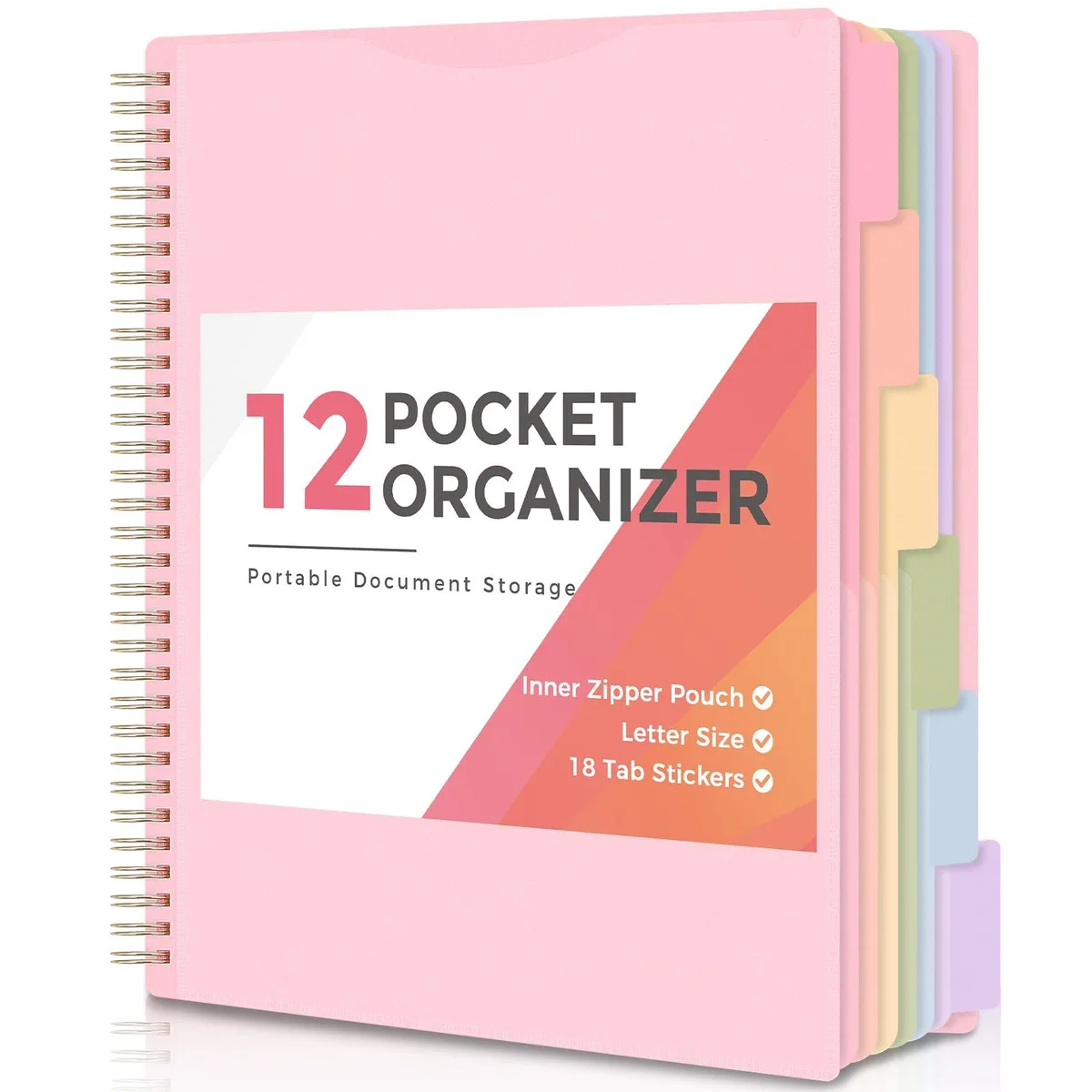 Pink spiral-bound polypropylene organizer with twelve clear pockets and dividers
