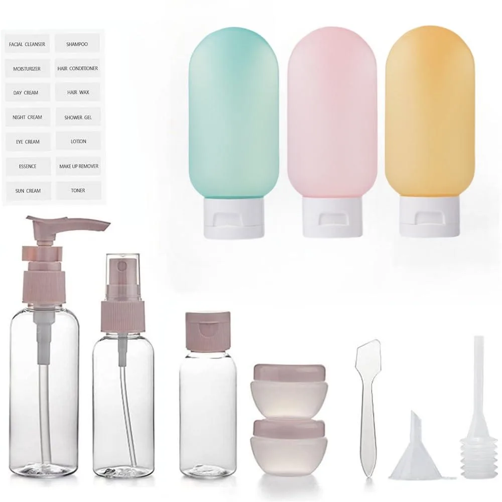 Twelve assorted travel bottles and jars in a zip pouch with labels and filling tools