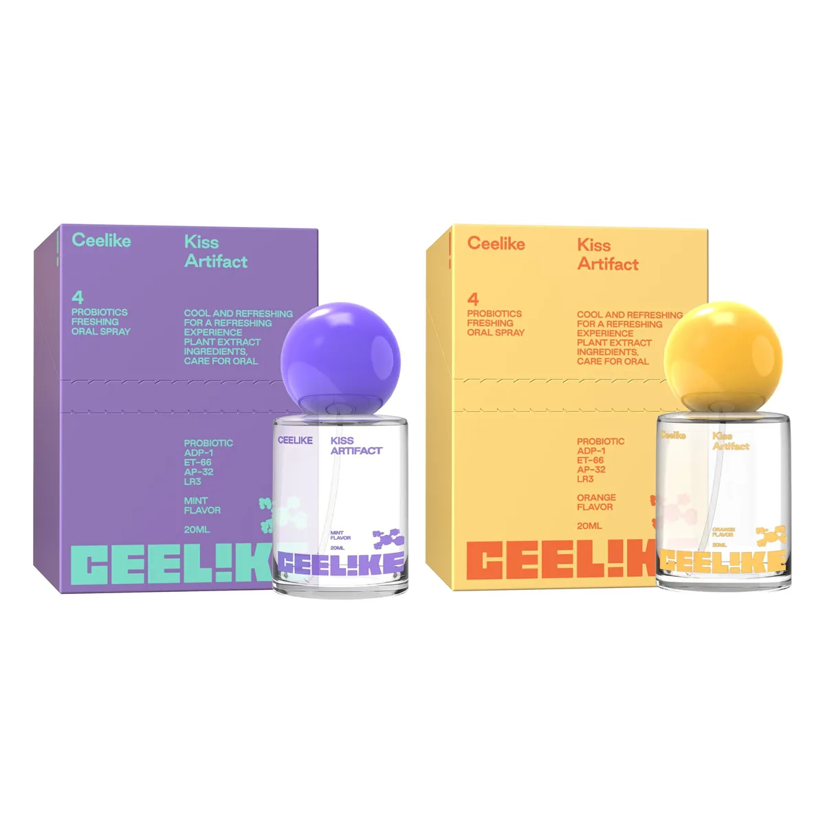 Two small transparent spray bottles with colourful ball caps in mint and orange flavors