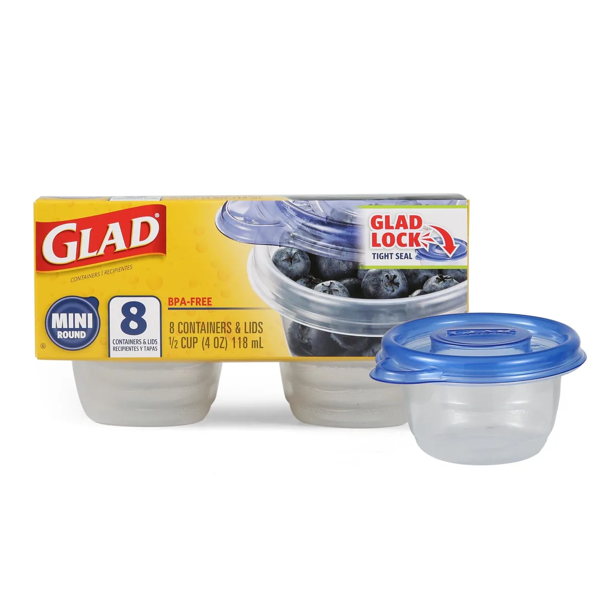 Eight small white round containers with blue snap-on lids, stacked together
