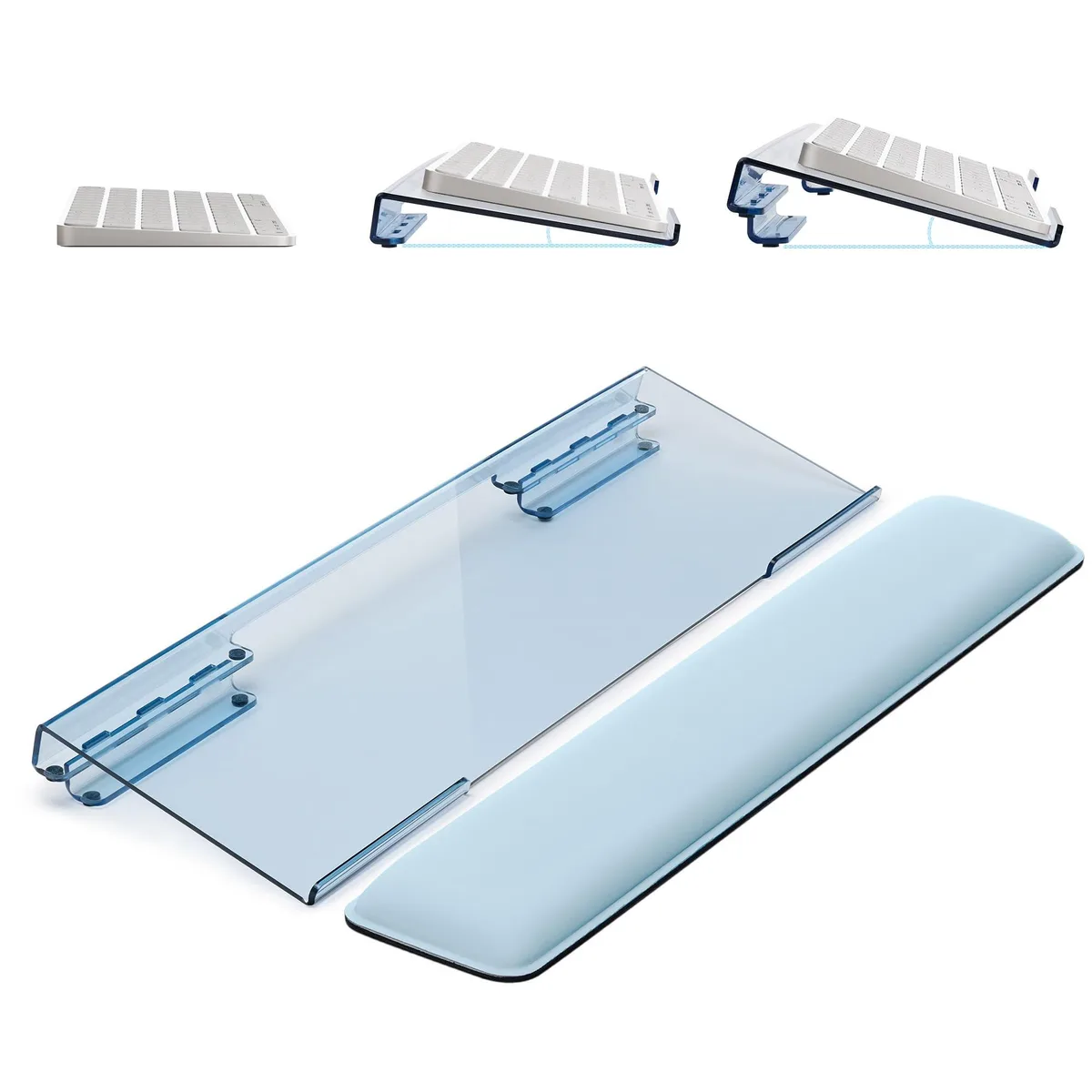 Blue adjustable keyboard stand with detachable wrist rest, silicone surface, cotton base, two height levels