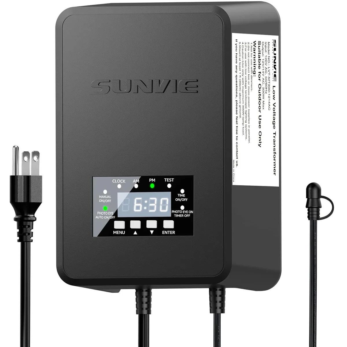 Black rectangular outdoor transformer with front dials and sensor cable