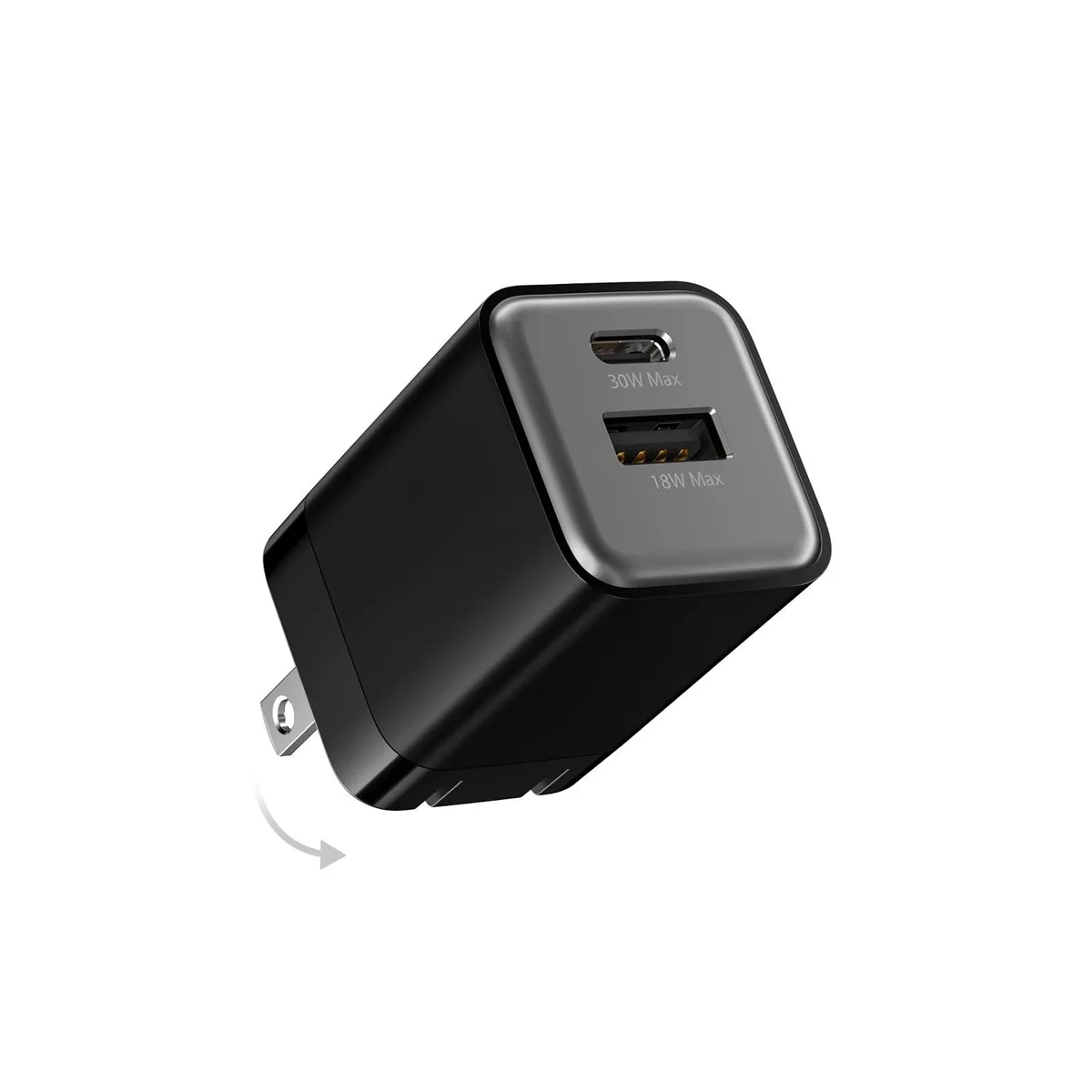 Compact black GaN charger with foldable plug and dual USB-C and USB-A ports