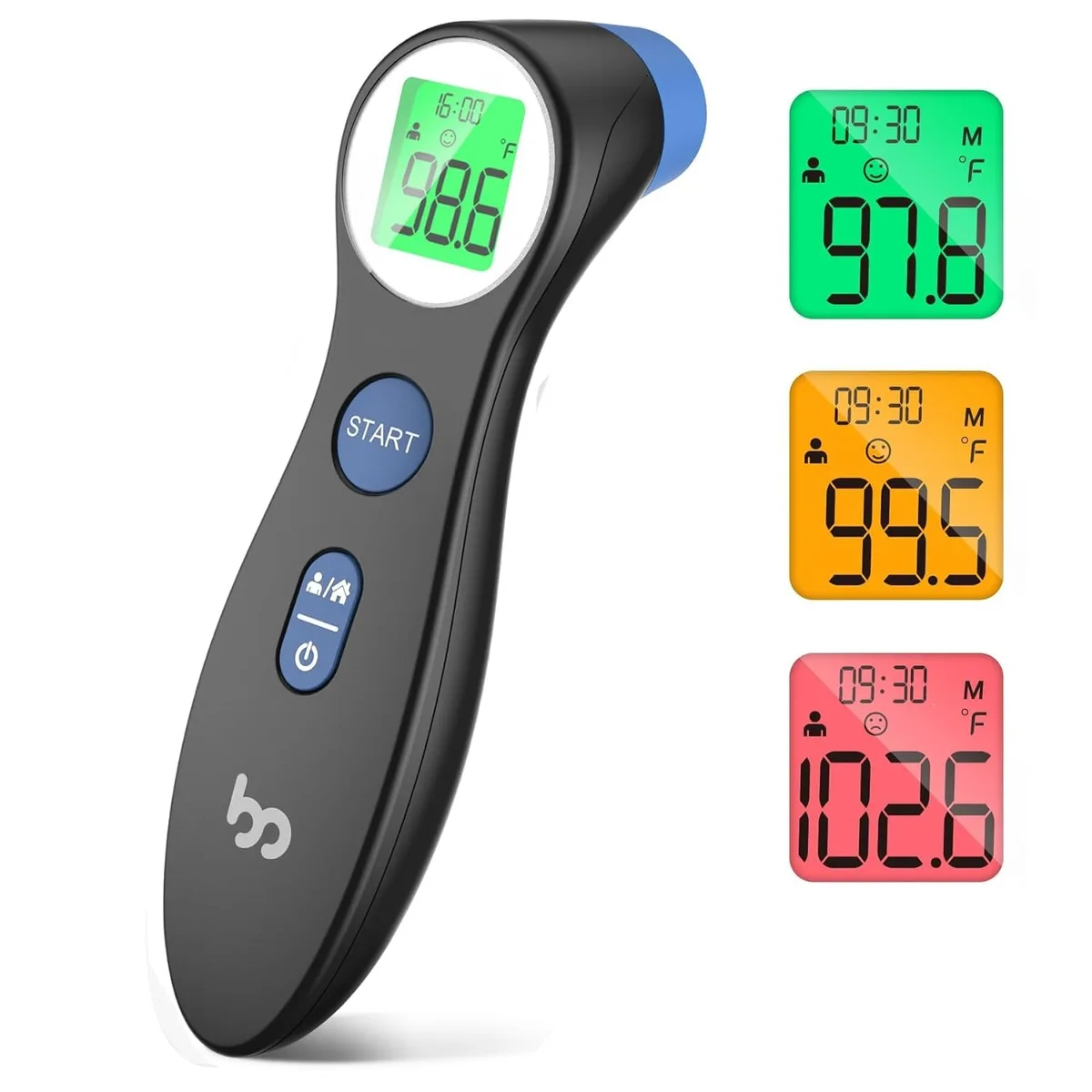 Black handheld infrared thermometer with ergonomic grip and backlit display
