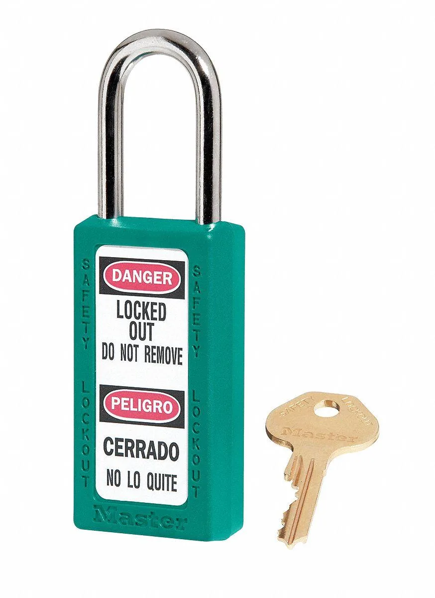 Teal thermoplastic safety padlock with metal shackle