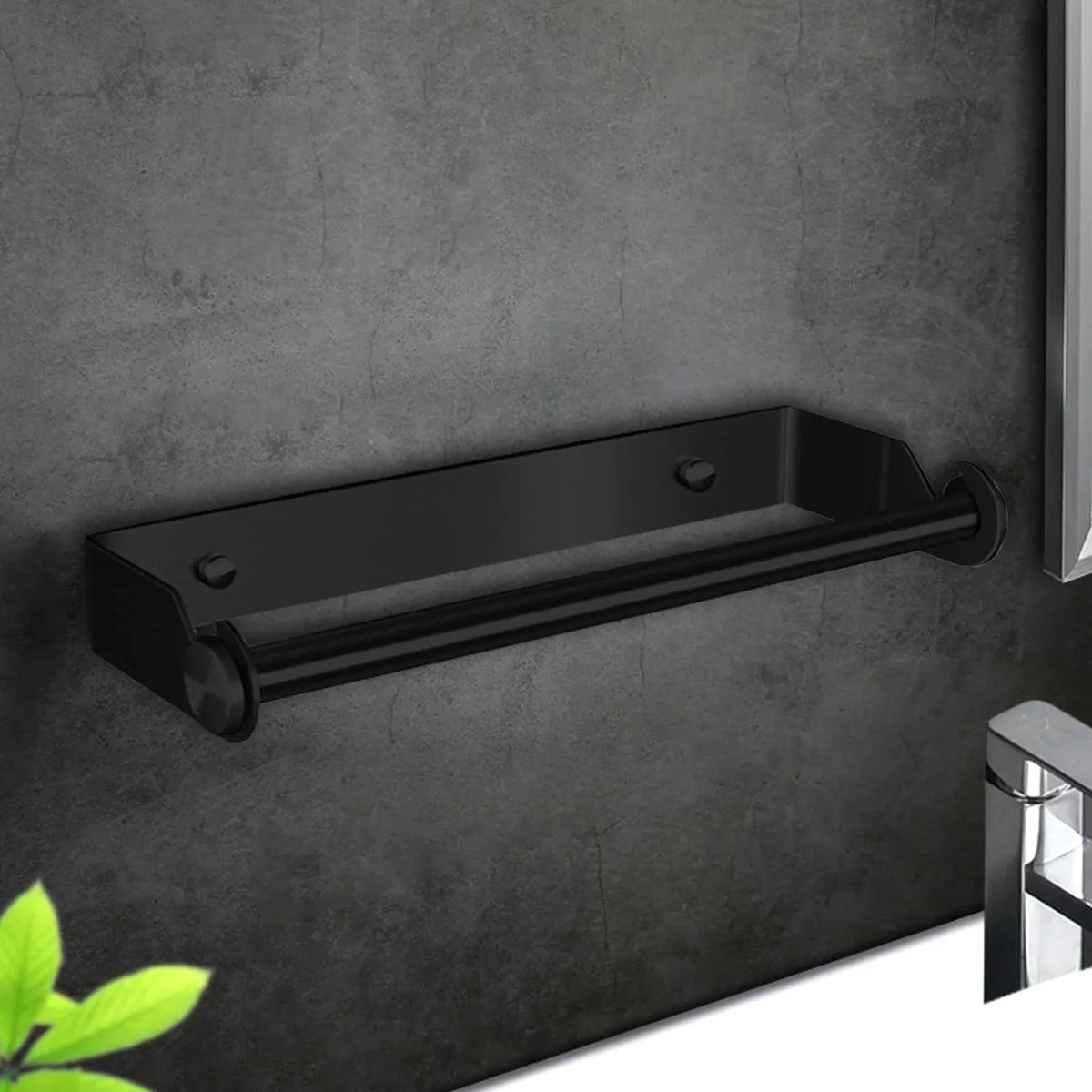 Matte black stainless steel toilet paper holder, 33 cm long, wall-mounted with adhesive or screws