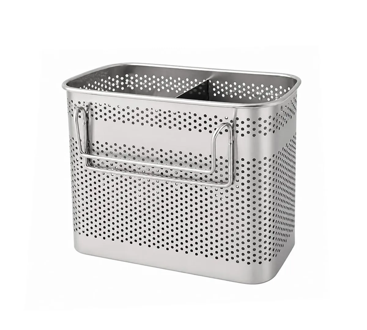 Stainless steel two-compartment utensil holder with dual hooks and drainage holes