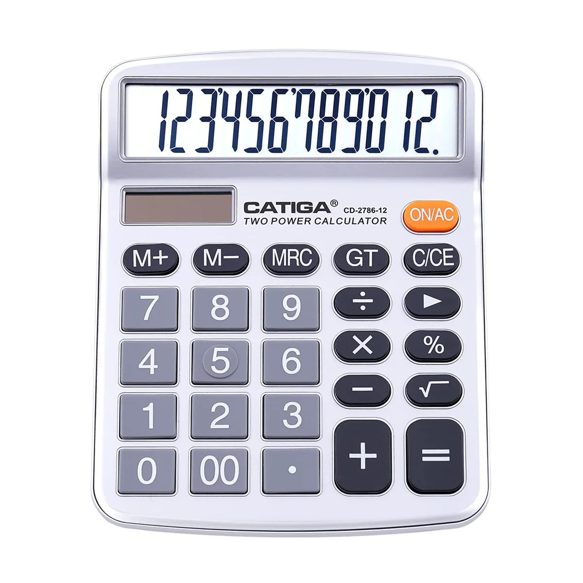 Silver desktop calculator with 4.5 inch LCD display and solar panel