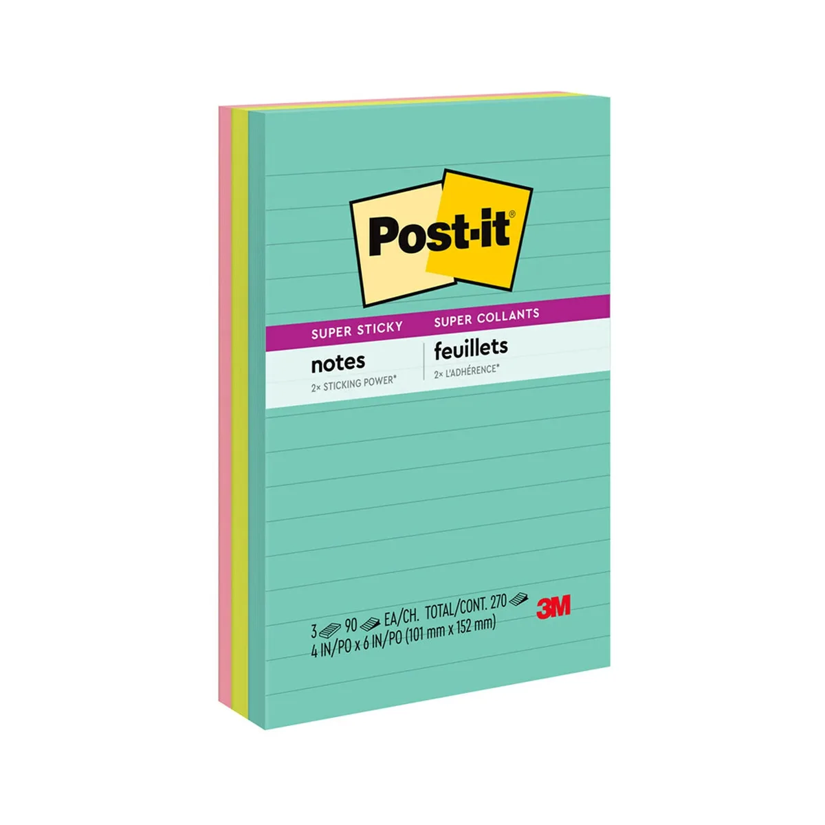 Three square pads of lined neon sticky notes in aqua, lime and pink