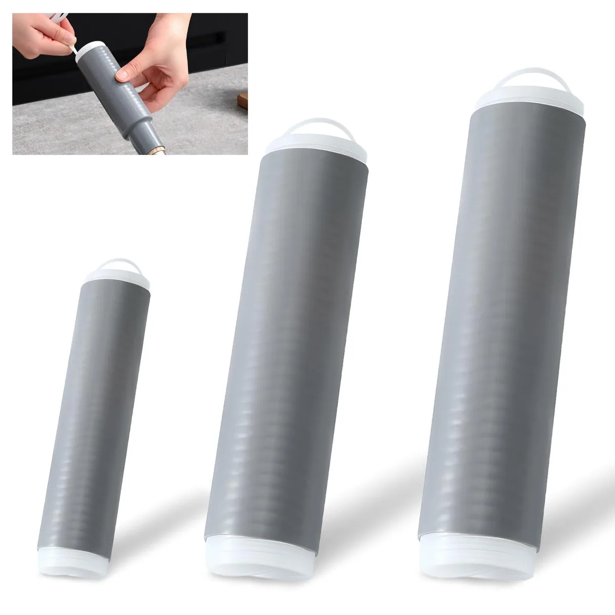 Three grey silicone handle covers in graduated sizes, ribbed texture, tapered sleeves with pull-tab rings