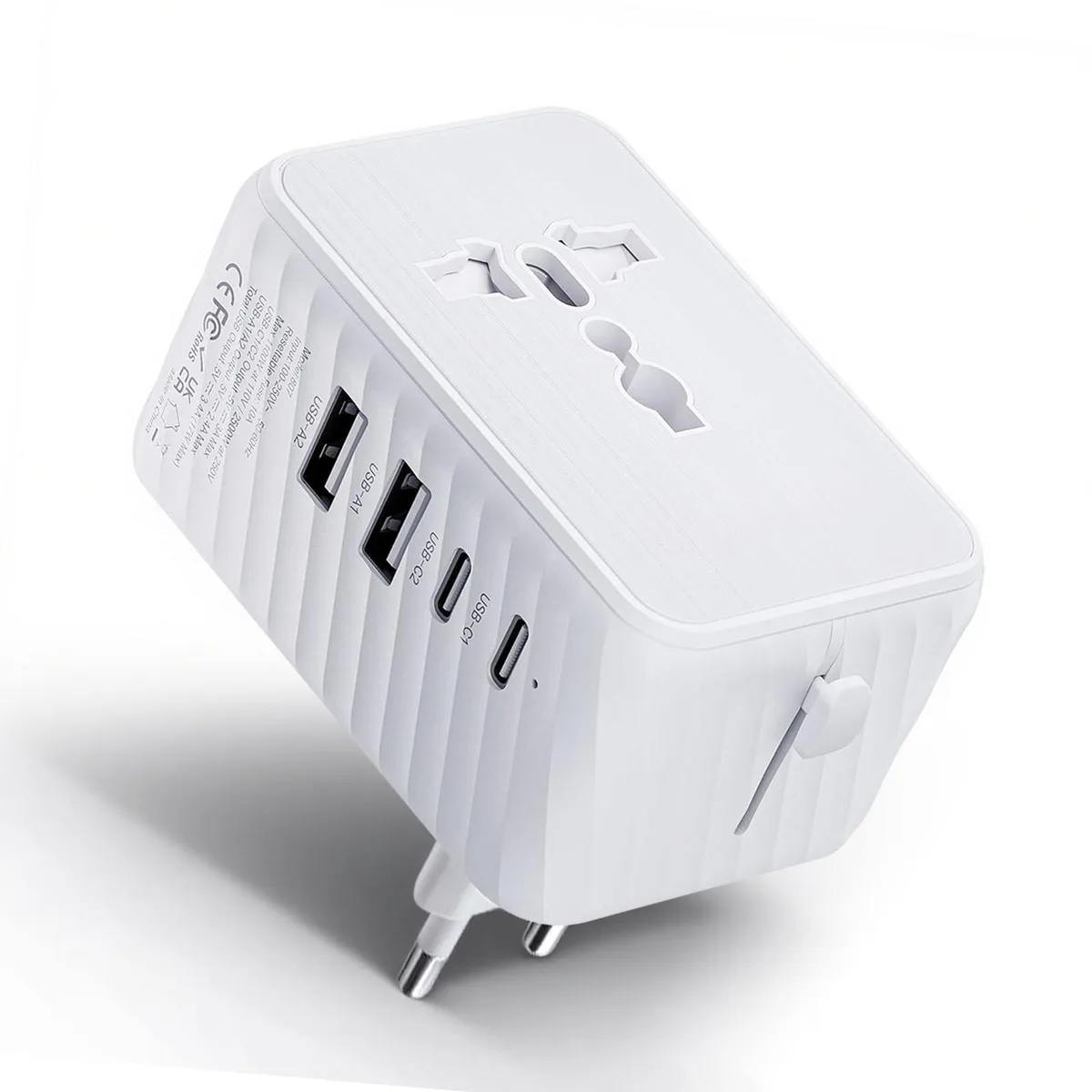 White rectangular travel adapter with sliding US, UK, EU and AU pins, two USB-C and two USB-A ports
