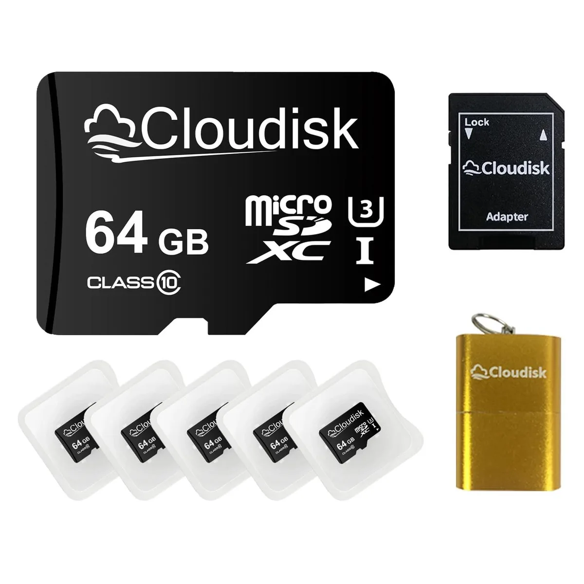 Cloudisk Cloudisk 5× 64 GB Micro SDXC U3 V30 A2 kit with SD adapter and card reader — product photo