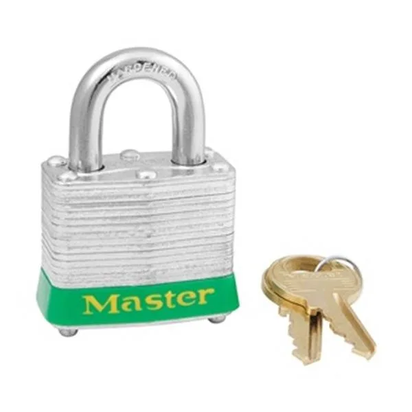 Six green laminated steel safety padlocks keyed alike