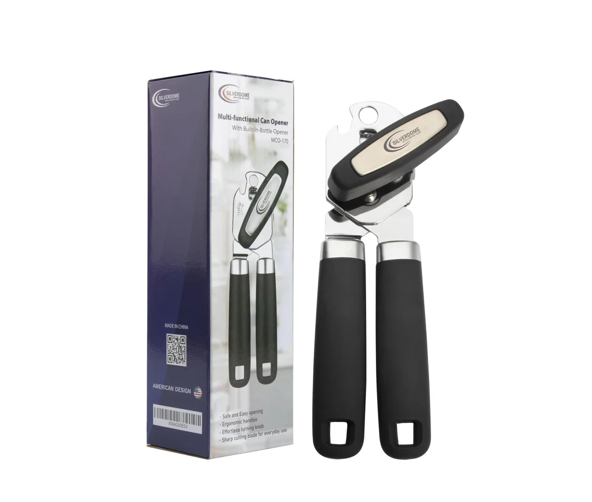 Silverdome MCO-170 stainless steel manual can opener with soft-grip handles and integrated bottle opener