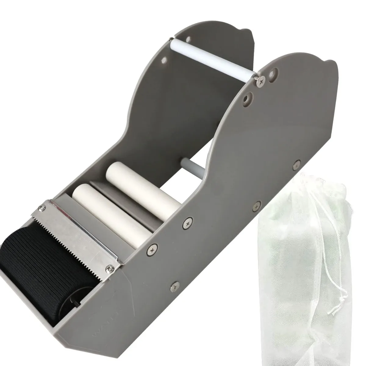 Gray manual tape dispenser with matte finish, side-loading design, water-activated roller and cutter blade