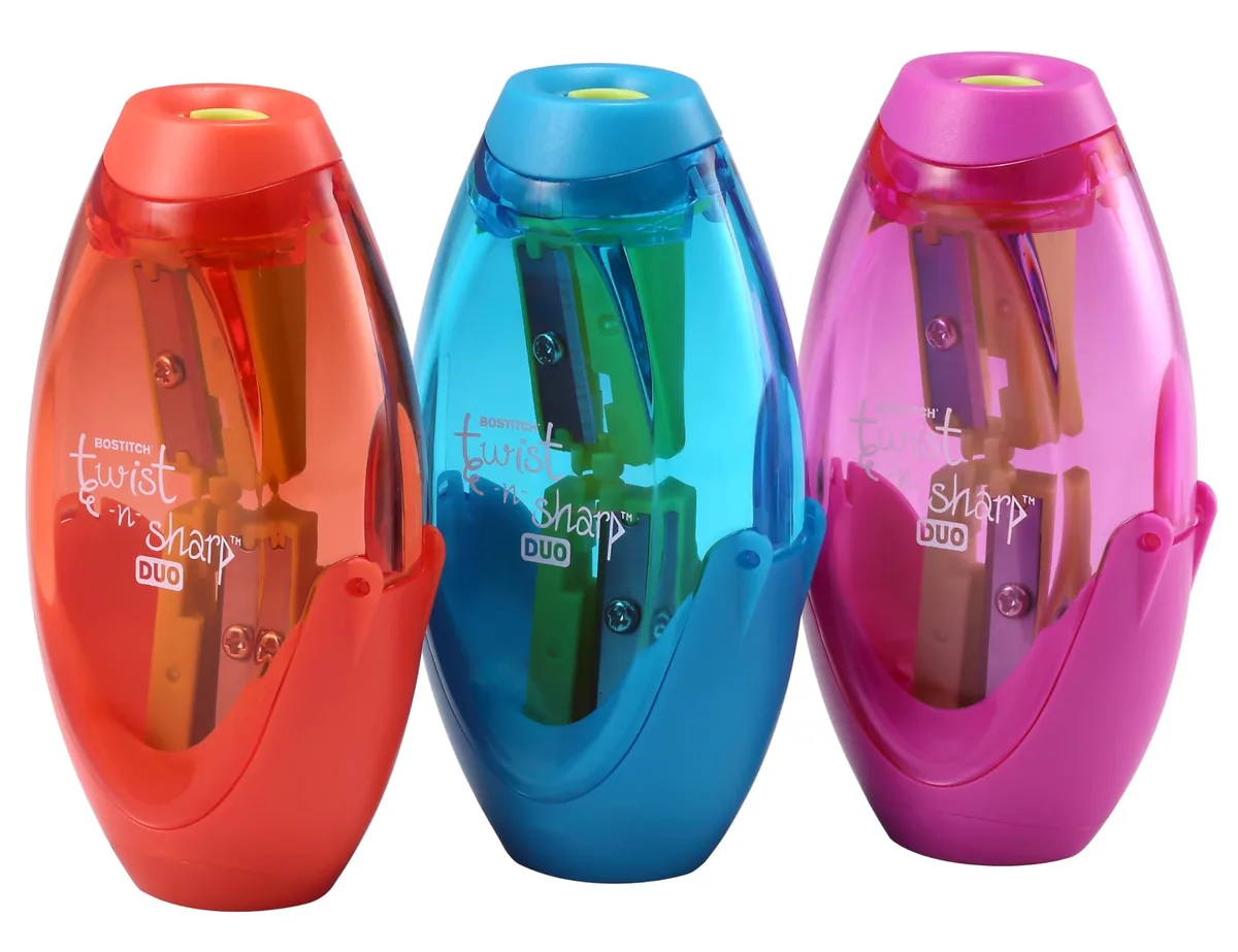  Bostitch Twist-n-Sharp Manual Pencil Sharpener 3-Pack Blue Orange Pink — product photo