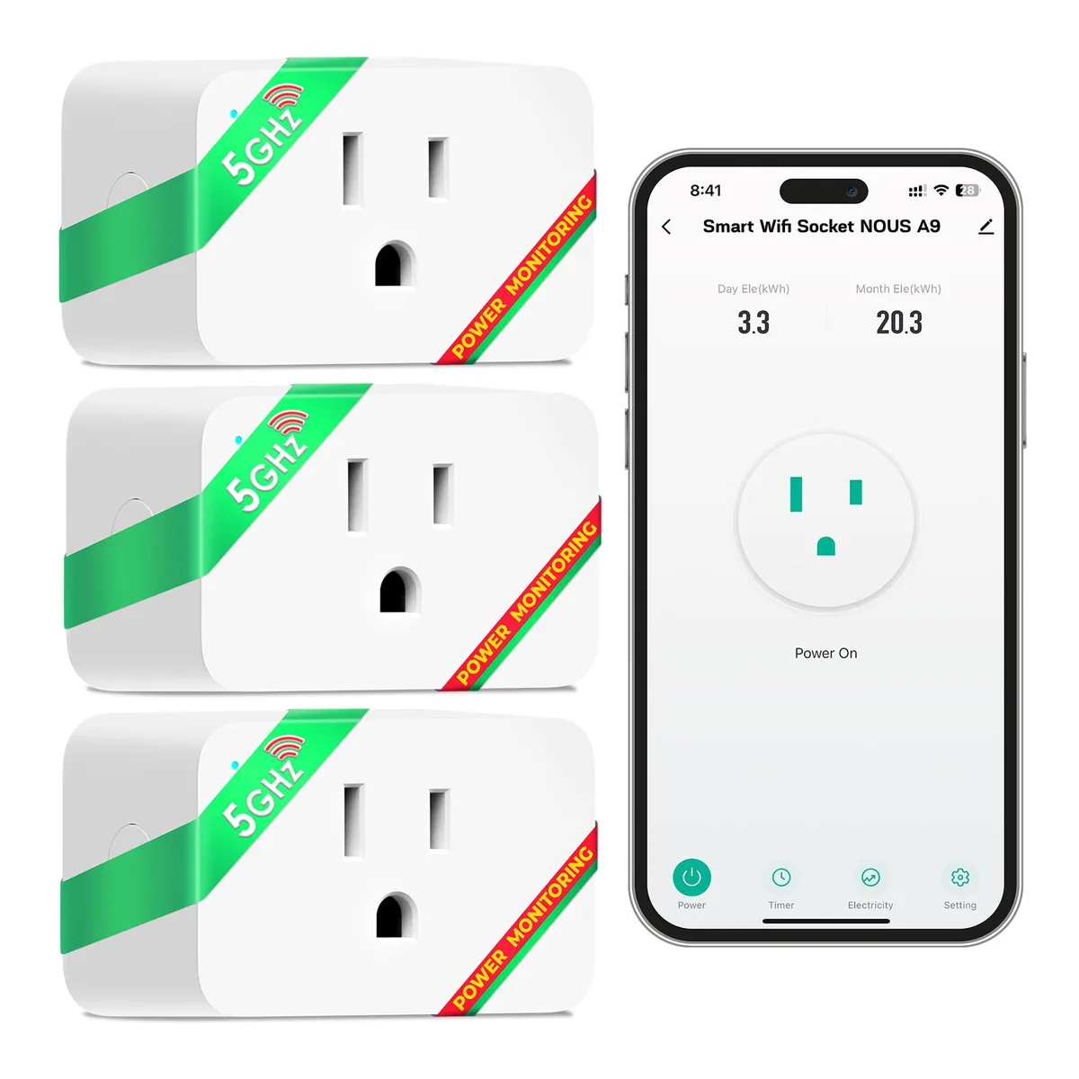 Twelve compact white rectangular smart plugs with front sockets and side buttons