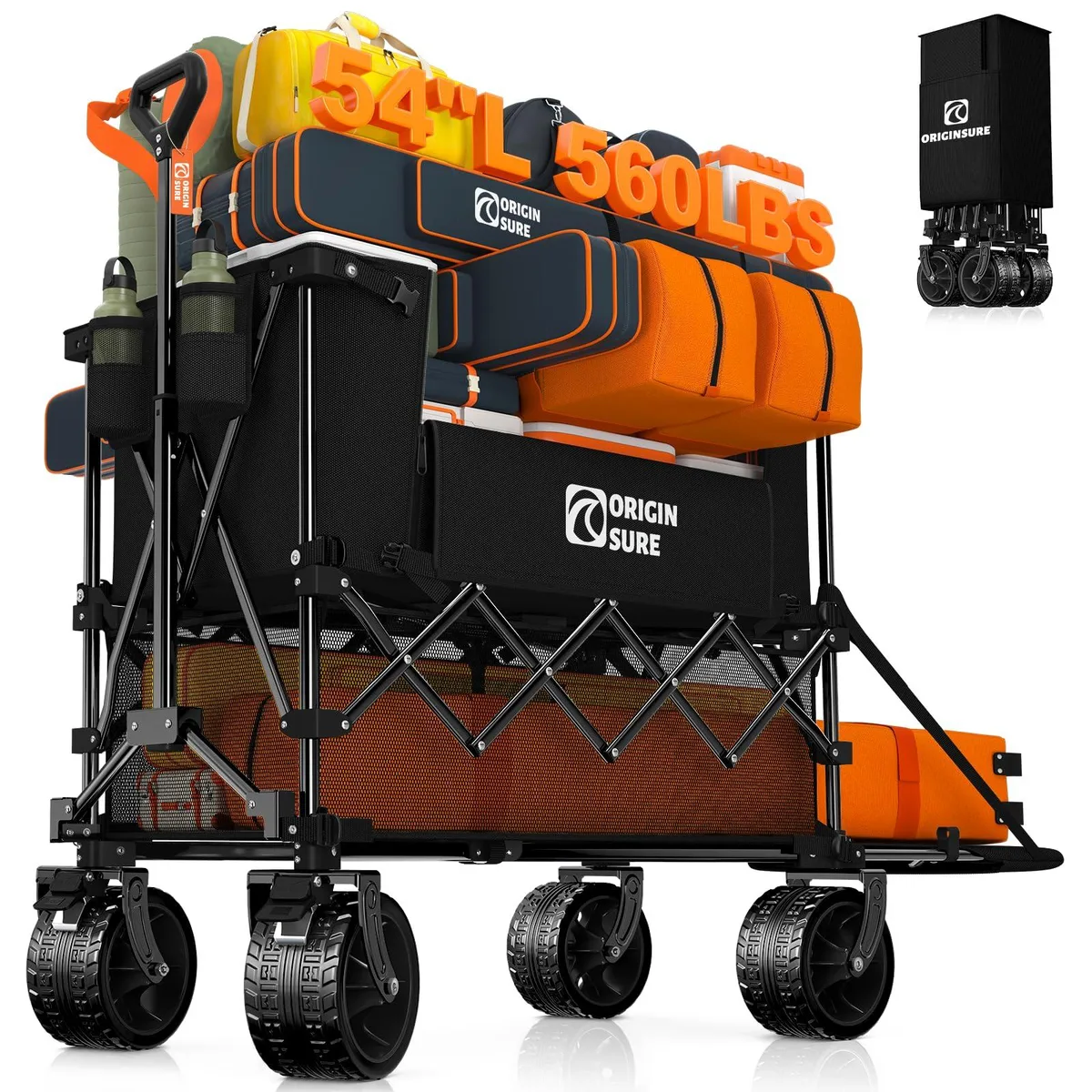 Black collapsible double-decker wagon with extended tailgate and large all-terrain wheels