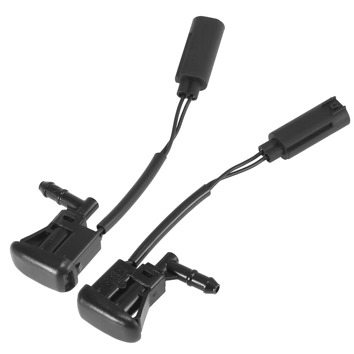 Two black plastic windshield washer nozzles side by side