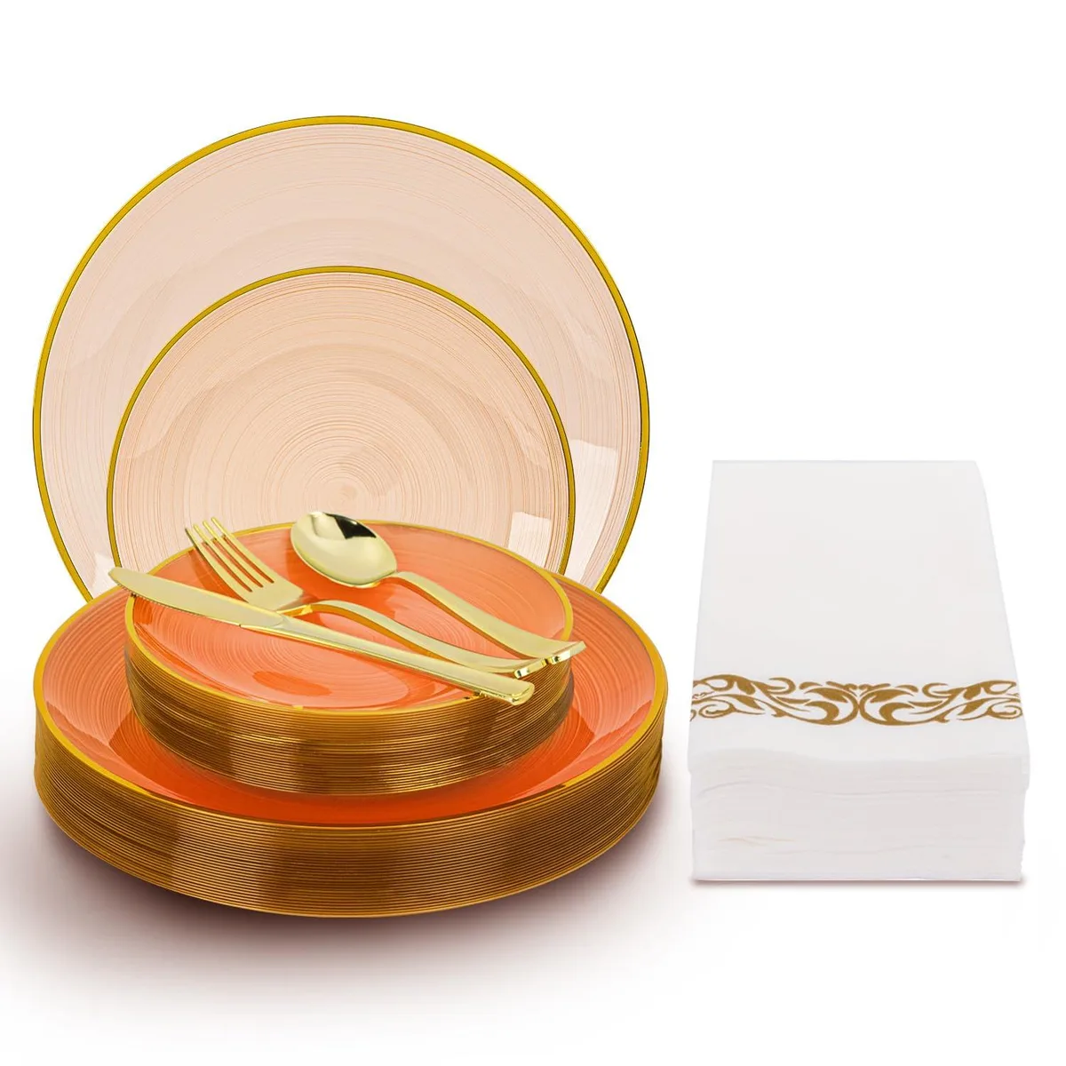 Orange square plastic plates with gold trim, napkins and cutlery for 30 guests