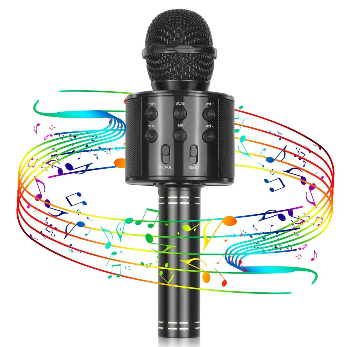 Black handheld wireless karaoke microphone with front controls