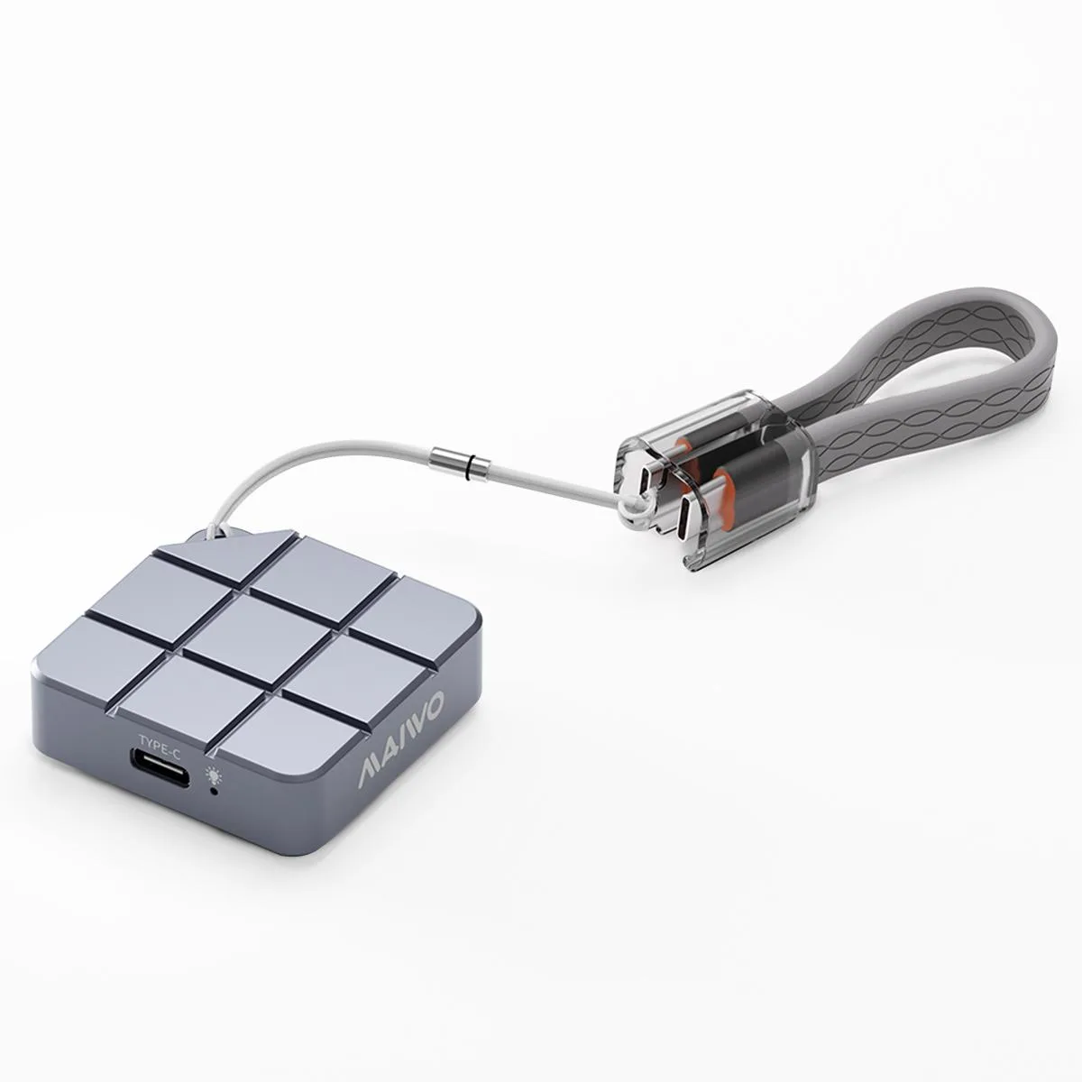 Gray rectangular portable SSD with ultra-thin aluminum shell and USB-C connector