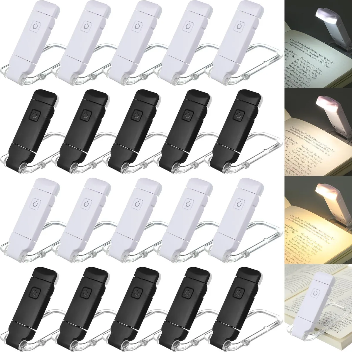 Twenty slim rectangular clip-on book lights in black and white plastic, folded flat with USB ports visible