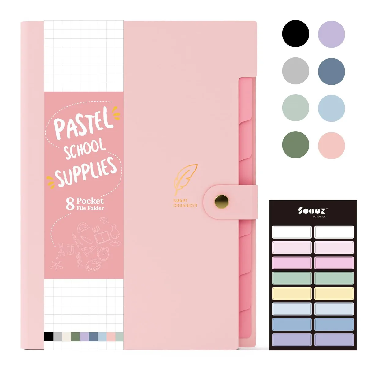 Pink plastic accordion file folder with eight pockets and label stickers
