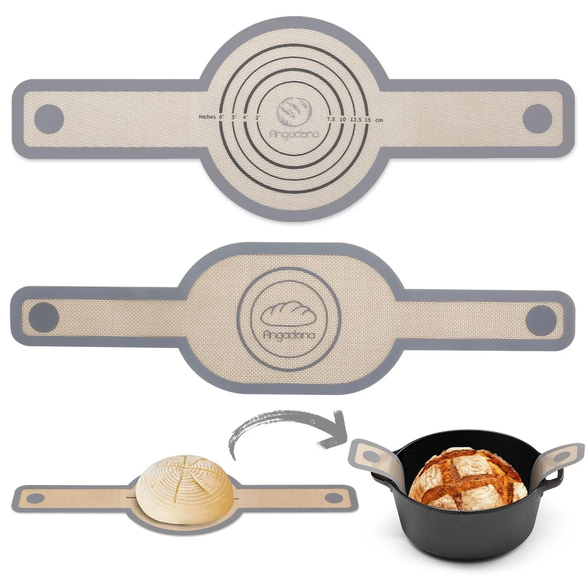 Two gray silicone bread slings with long handles, oval and round shapes