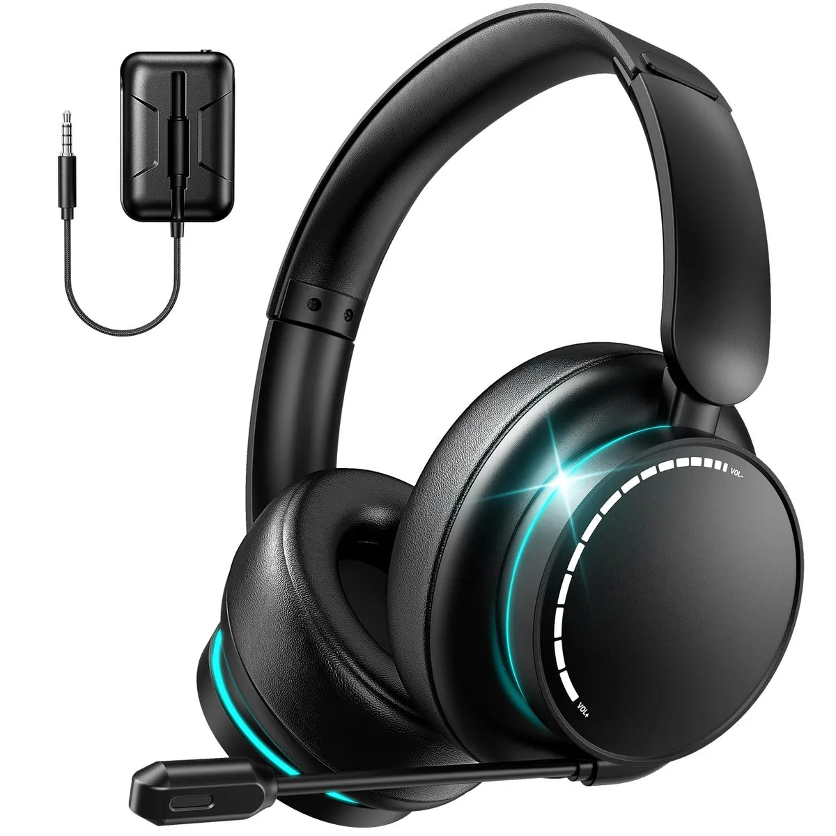 Black over-ear wireless gaming headset with blue LED lights and flexible headband