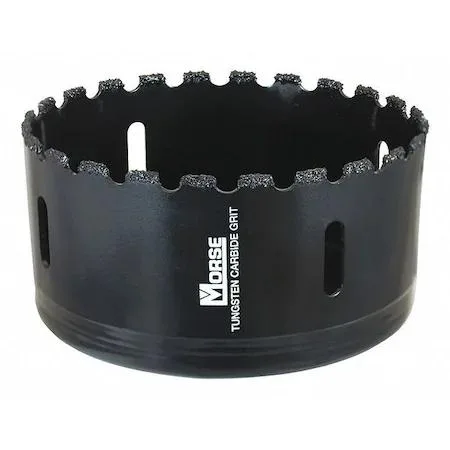 Cylindrical carbide grit hole saw, 4.75 inch diameter, silver metal finish, gulleted edge, side slot visible