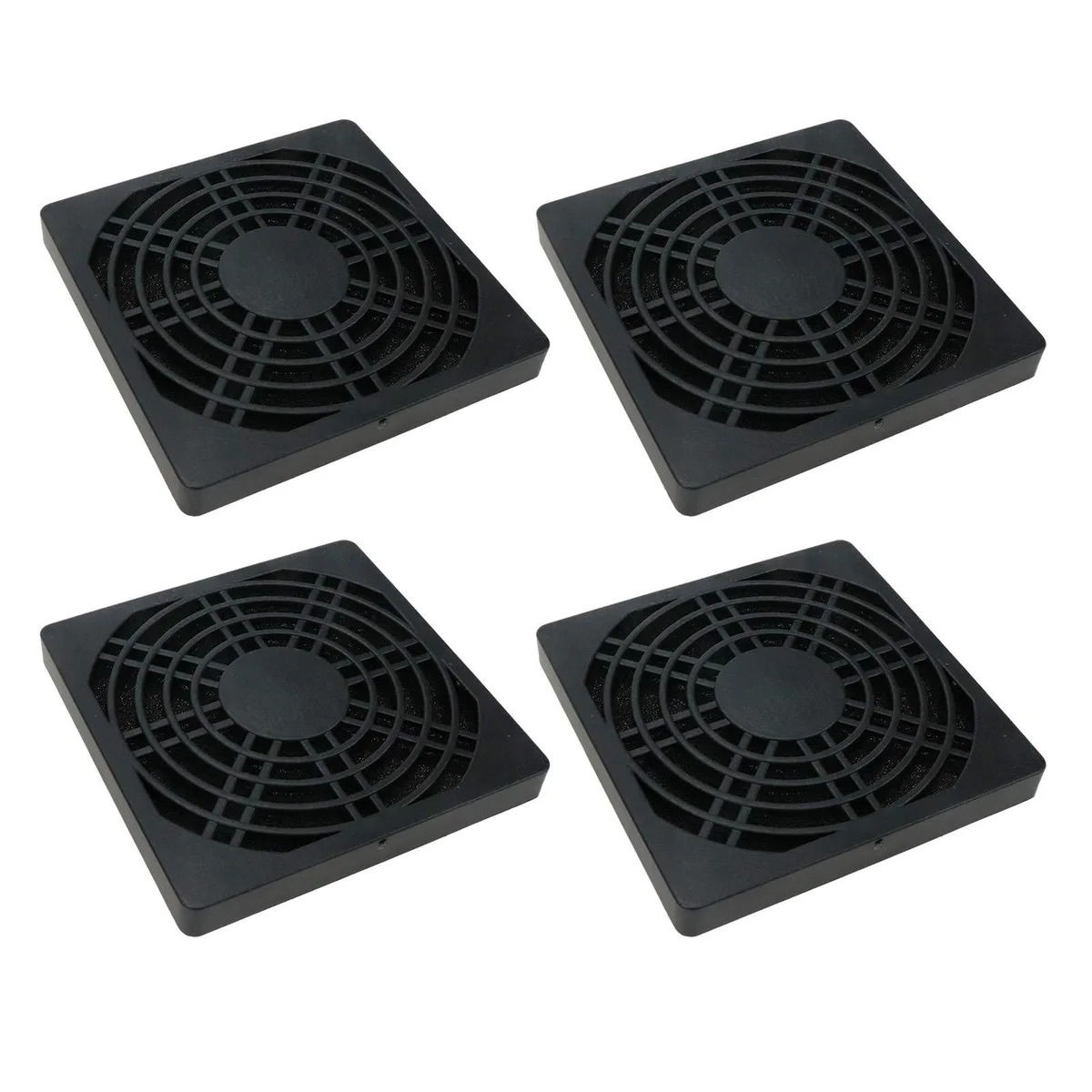 Four black metal mesh fan filters with LED accent, 80mm square frame, pack of four