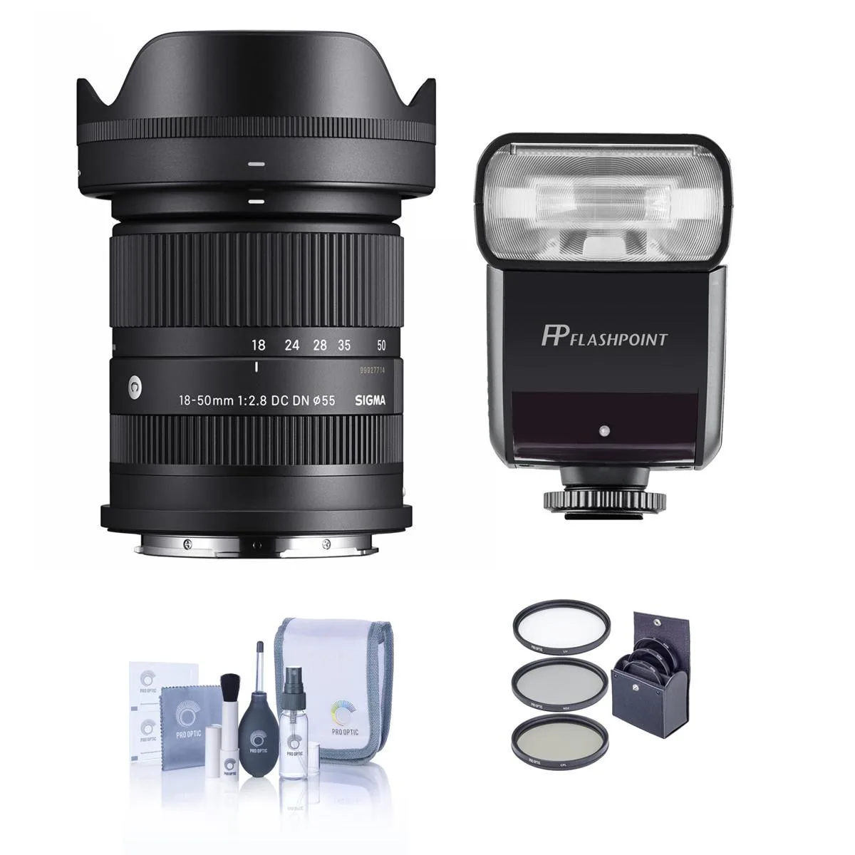 SIGMA SIGMA 18-50mm f/2.8 DC DN Contemporary Lens for Sony E with Flashpoint Flash, Filter Kit, Cleaning Kit — product photo