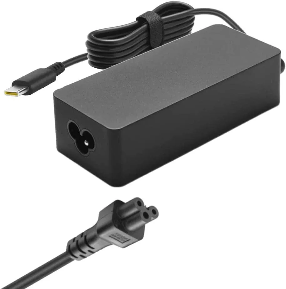 Compact rectangular USB-C laptop charger with matte black finish and integrated cable