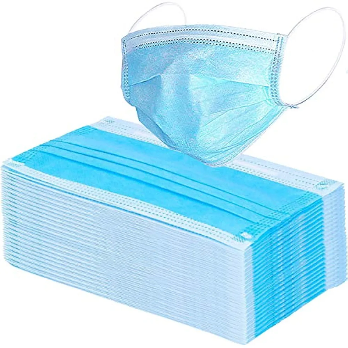 Blue rectangular disposable face masks in a bulk pack of 100