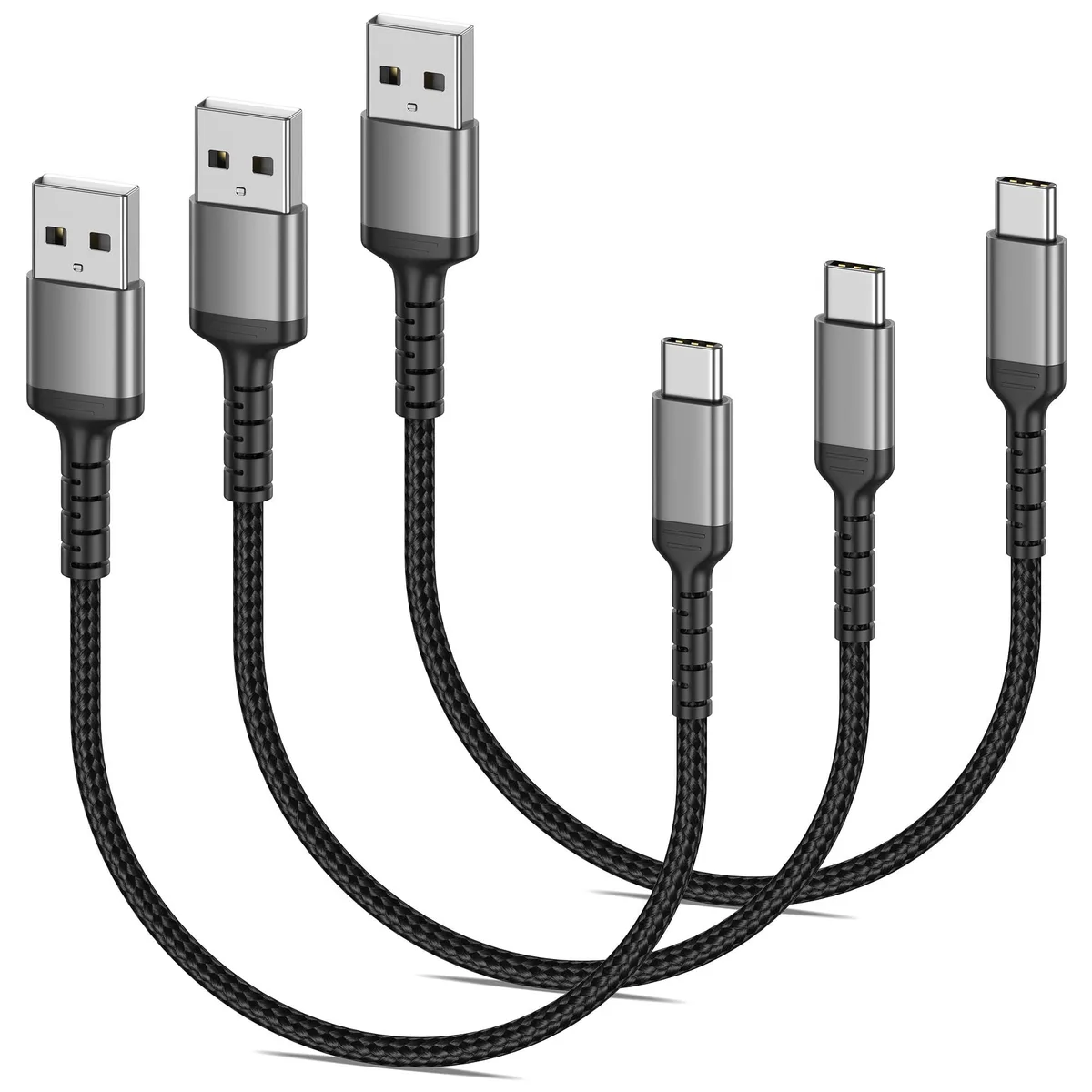 Short black braided USB-A to USB-C cable with metal connector shells