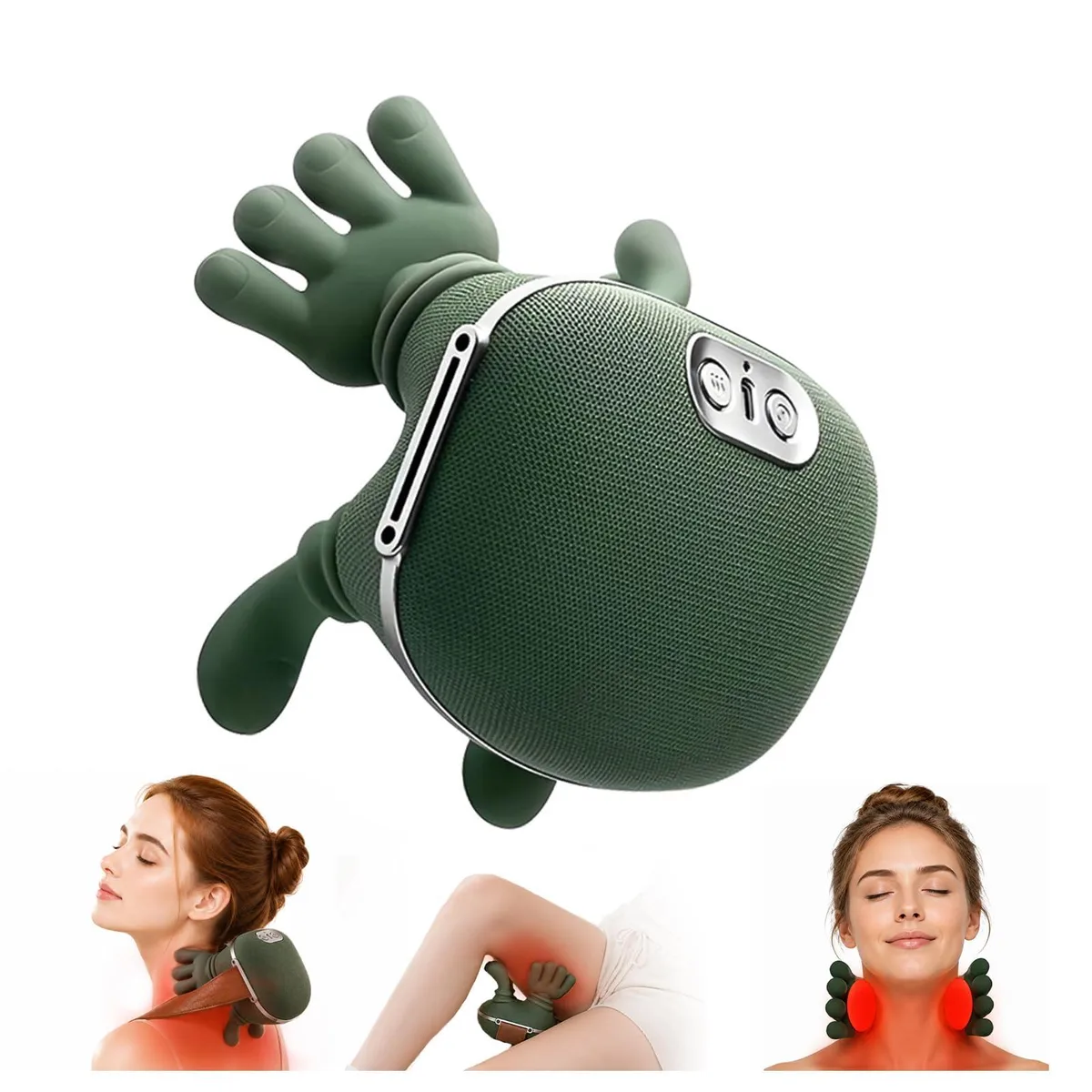 White handheld massager with finger-like nodes, digital display, rose gold accents, 1.2 lb