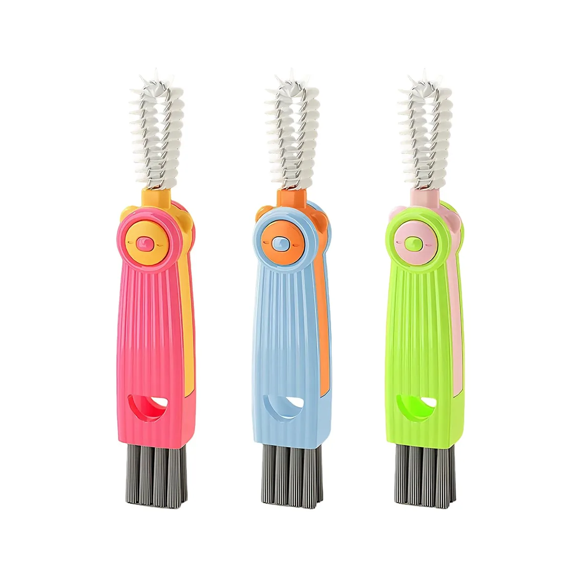 Three mixed-colour cleaning brushes with interchangeable heads including U-shaped silicone, slit and stiff corner bristles